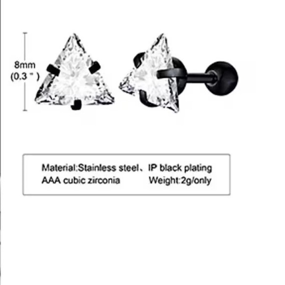 Mens Stud Earring ,Black Finish Triangle Pierced Zircon Stud Earring - Picture 3 of 3